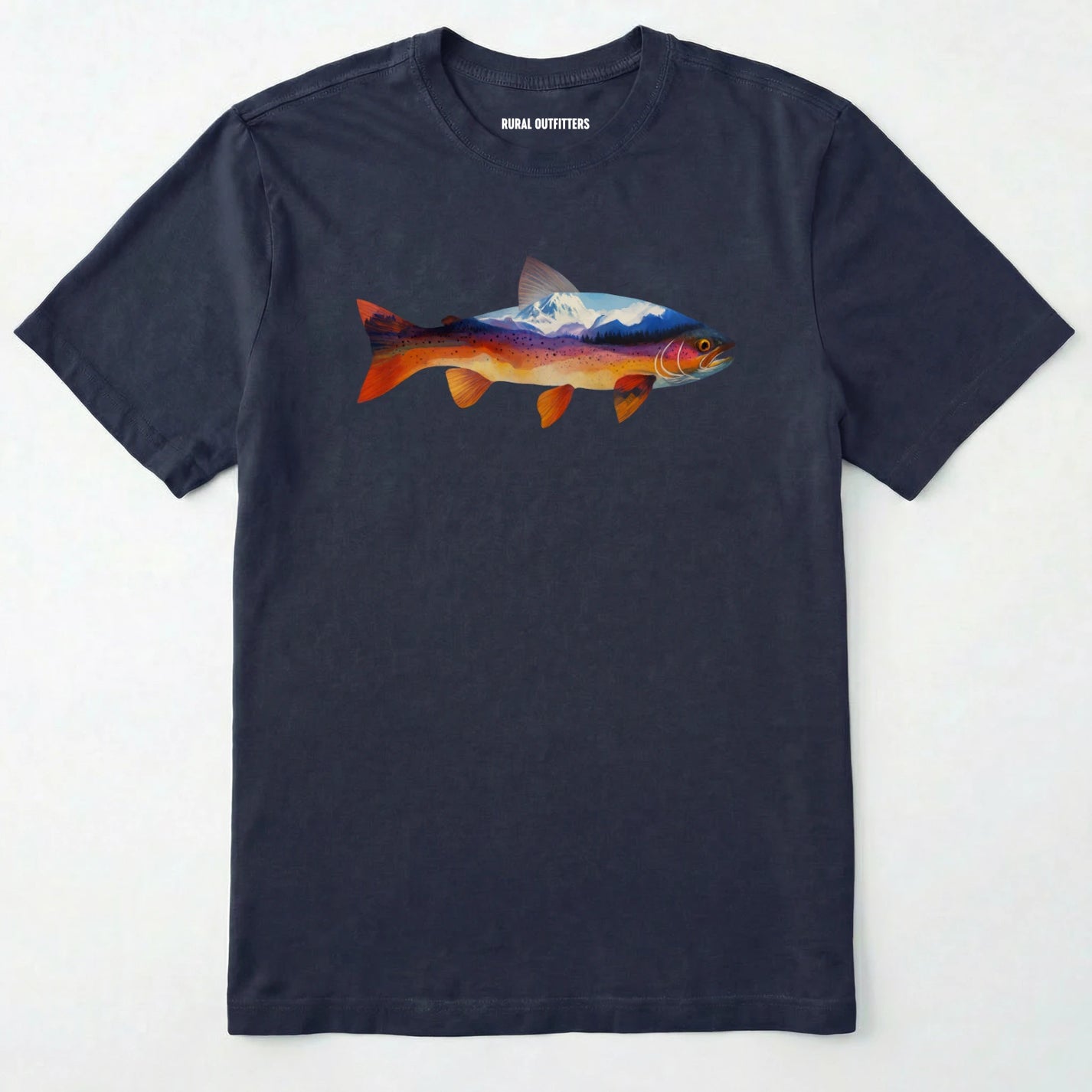 Navy fish shirt with a colorful trout and mountain landscape graphic on a white background.