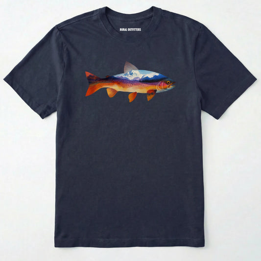 Navy fish shirt with a colorful trout and mountain landscape graphic on a white background.