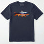 Navy fish shirt with a colorful trout and mountain landscape graphic on a white background.