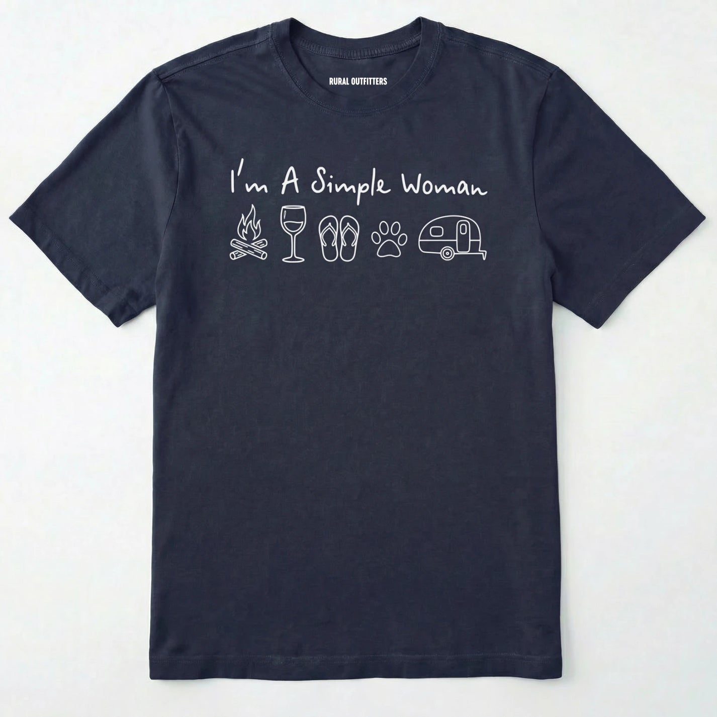 Navy t-shirt with white text and icons on a white background