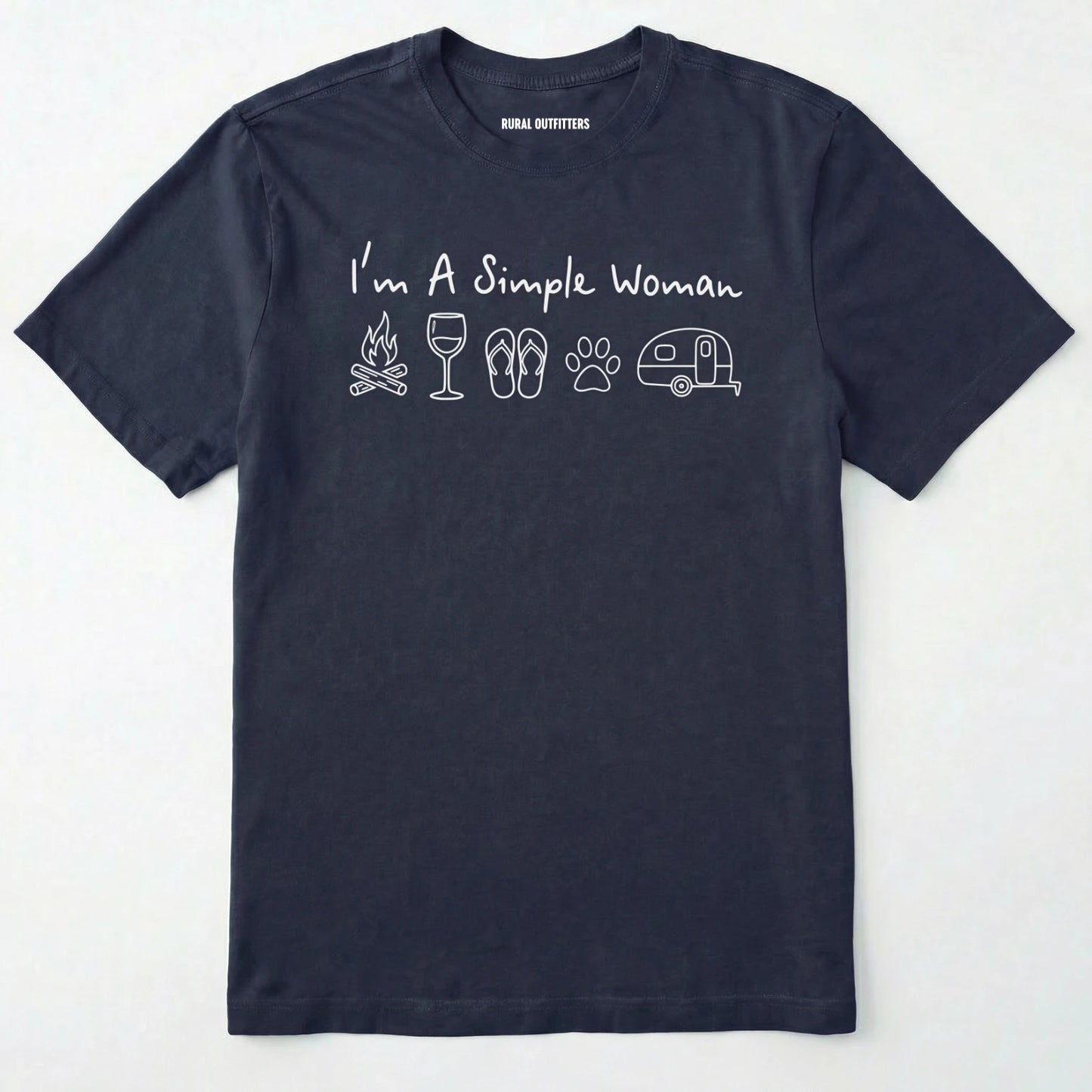 Navy t-shirt with white text and icons on a white background