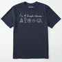 Navy t-shirt with white text and icons on a white background