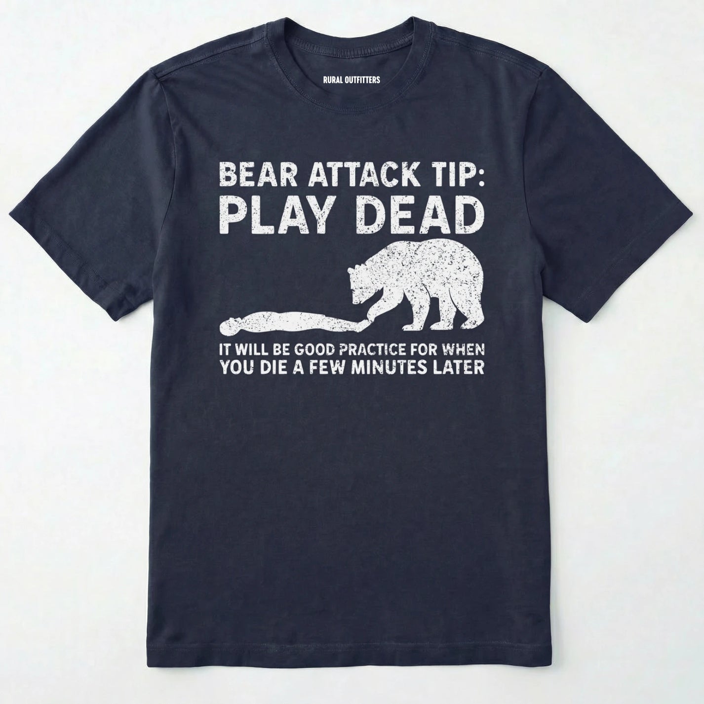 Navy bear tee shirt with bear attack tip graphic and text on a white background.