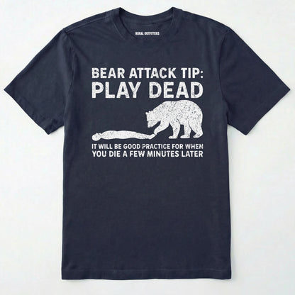 Navy bear tee shirt with bear attack tip graphic and text on a white background.