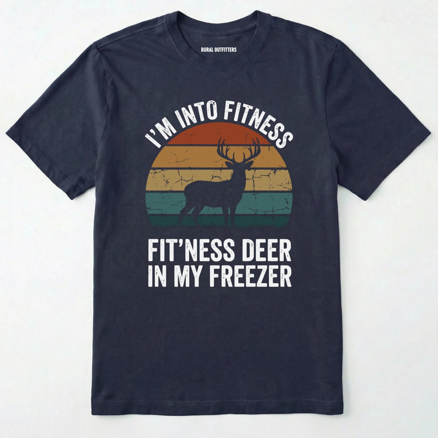 Navy t-shirt with a graphic of a deer and text on a white background