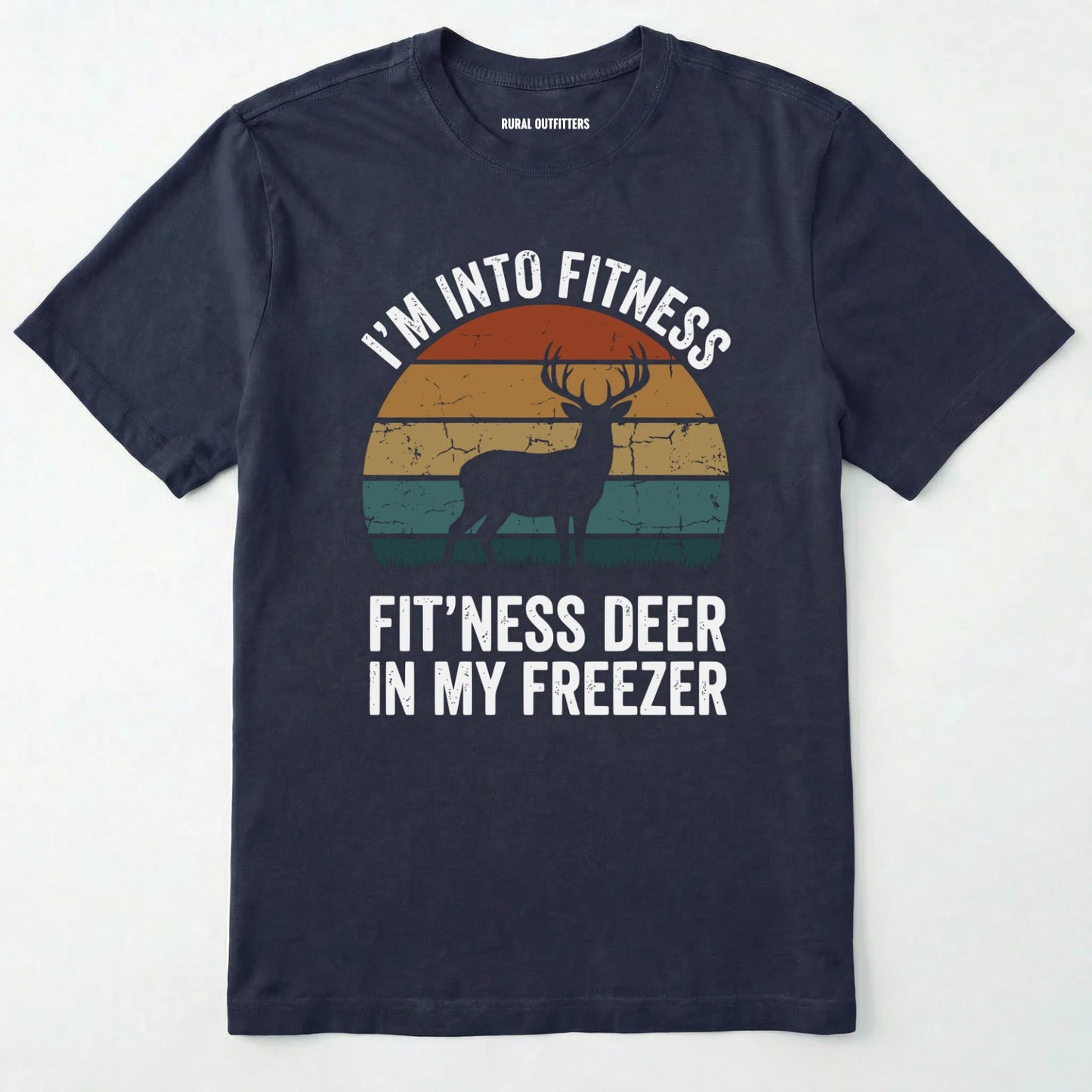 Navy t-shirt with a graphic of a deer and text on a white background