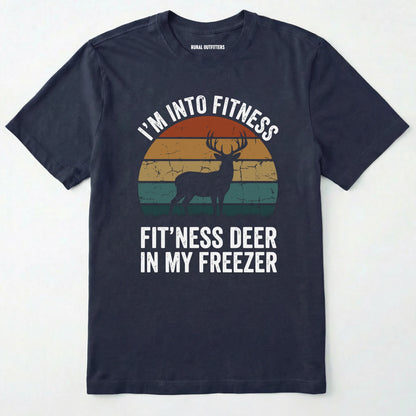 Navy t-shirt with a graphic of a deer and text on a white background