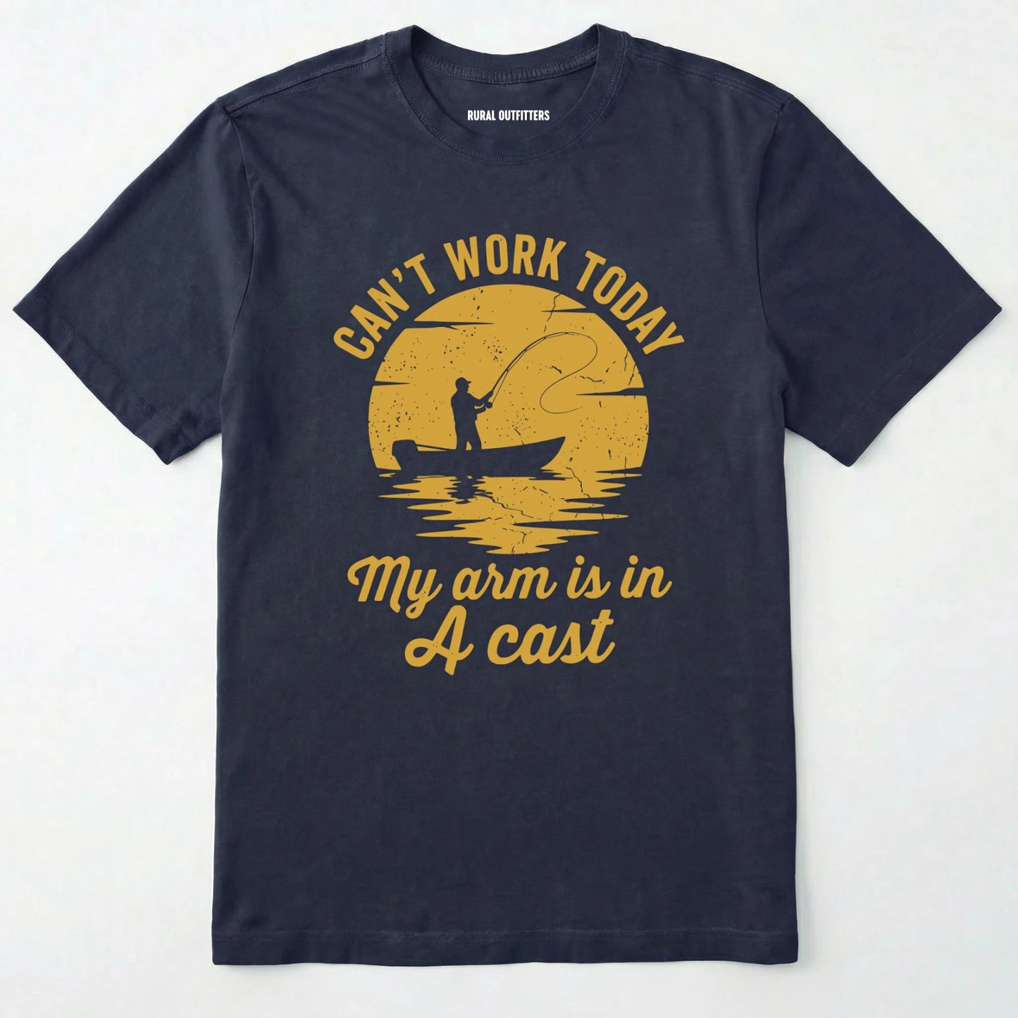 Navy t-shirt with yellow graphic and text on a white background