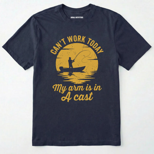 Navy t-shirt with yellow graphic and text on a white background