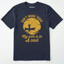 Navy t-shirt with yellow graphic and text on a white background
