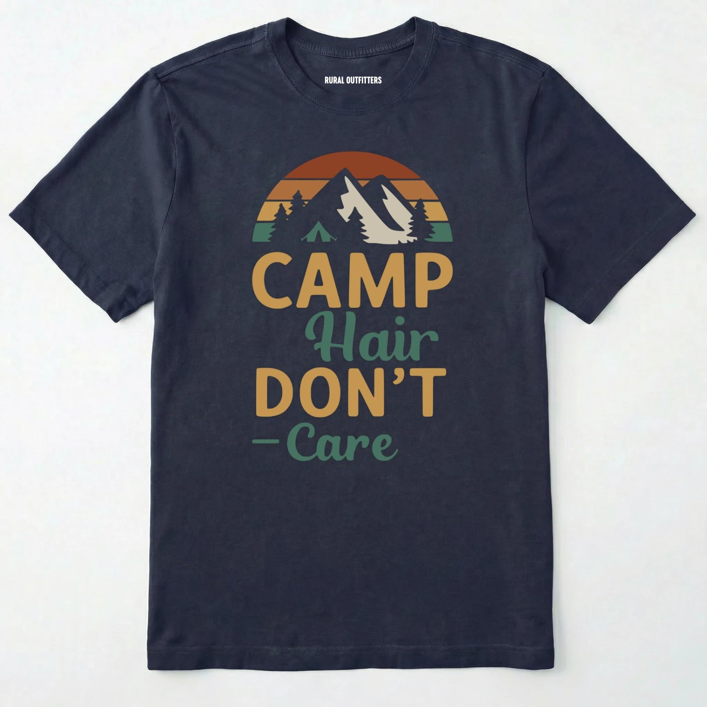 Navy camping hair don⊙t care t-shirt with retro mountain graphic on a white background.