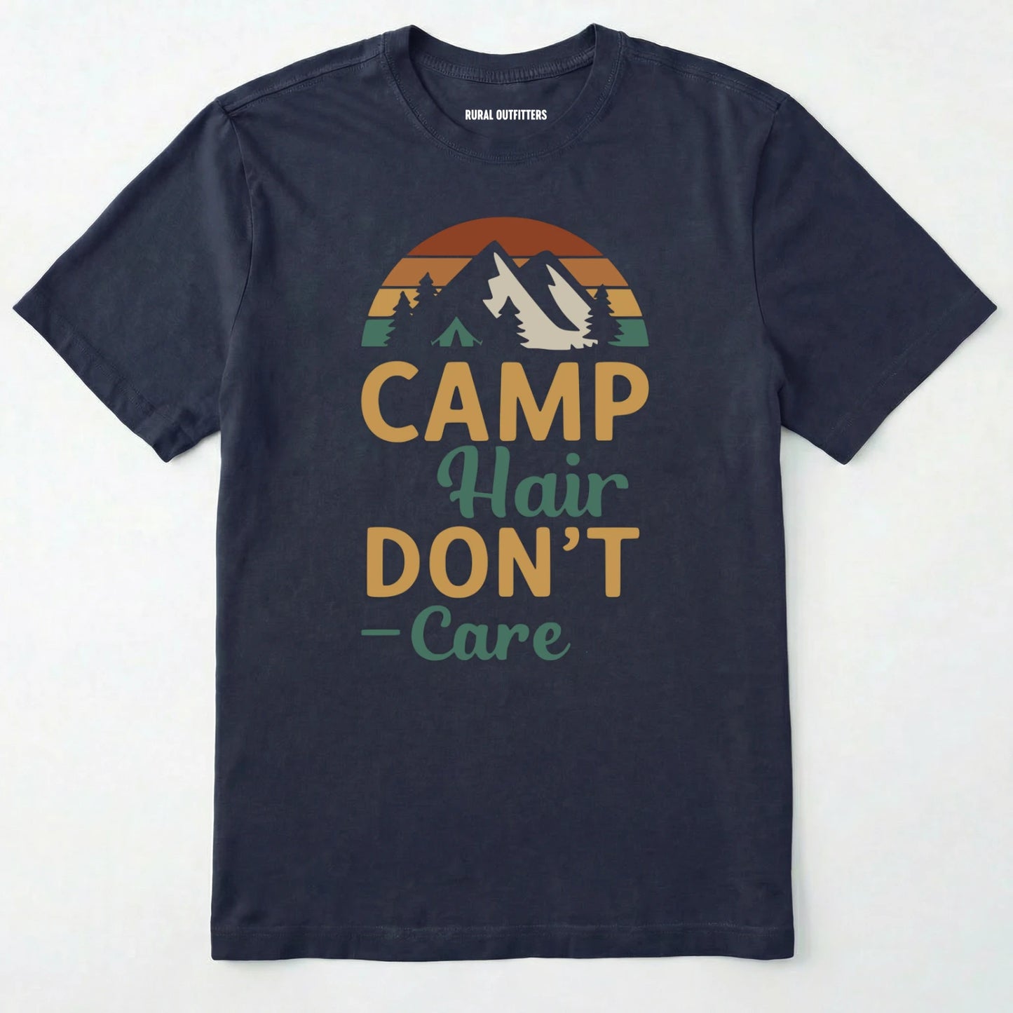 Navy camping hair don⊙t care t-shirt with retro mountain graphic on a white background.