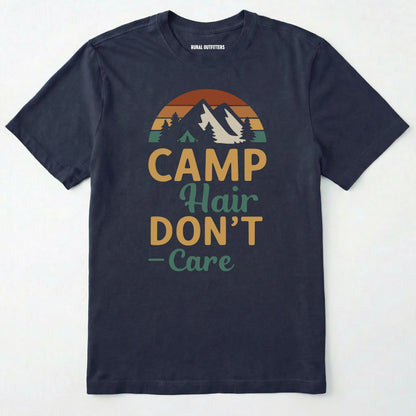 Navy camping hair don⊙t care t-shirt with retro mountain graphic on a white background.
