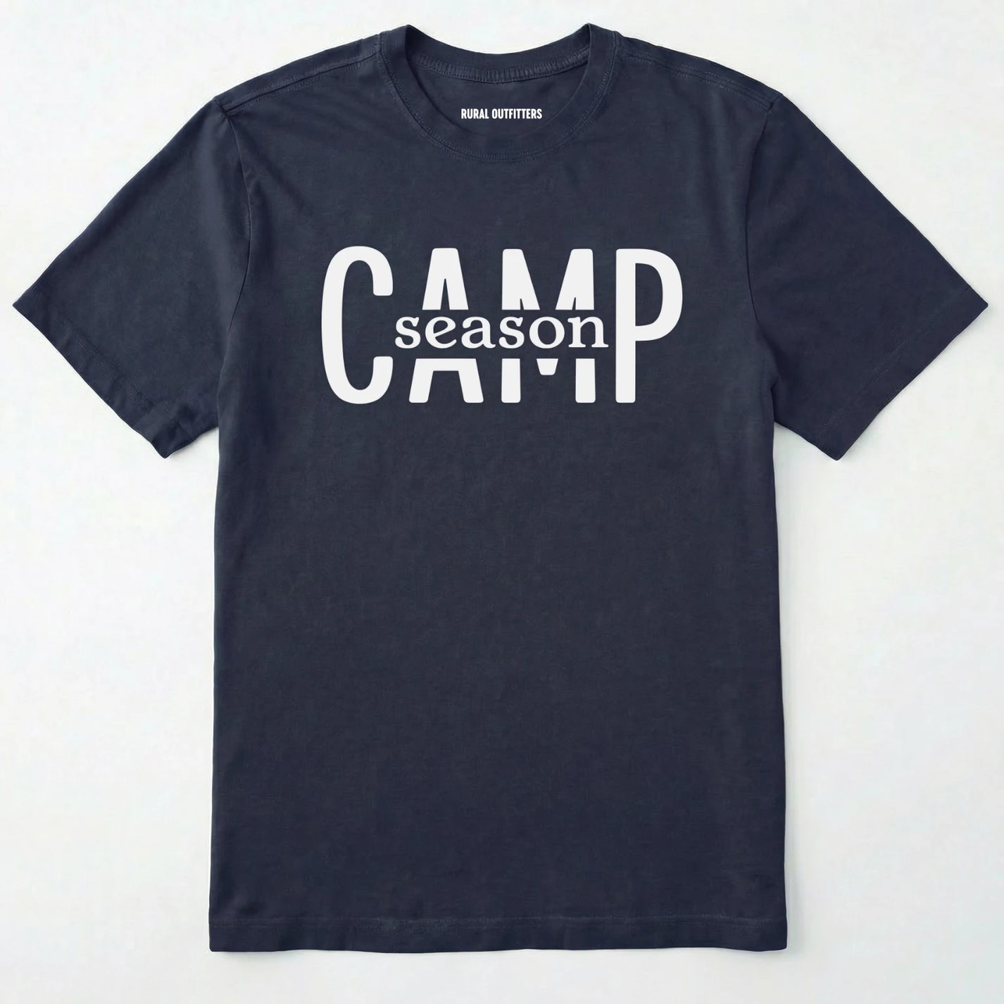 Navy camp season shirt in simple bold text on a white background.