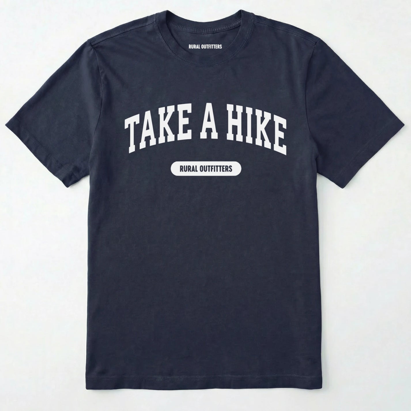 Navy take a hike t-shirt on a plain white background