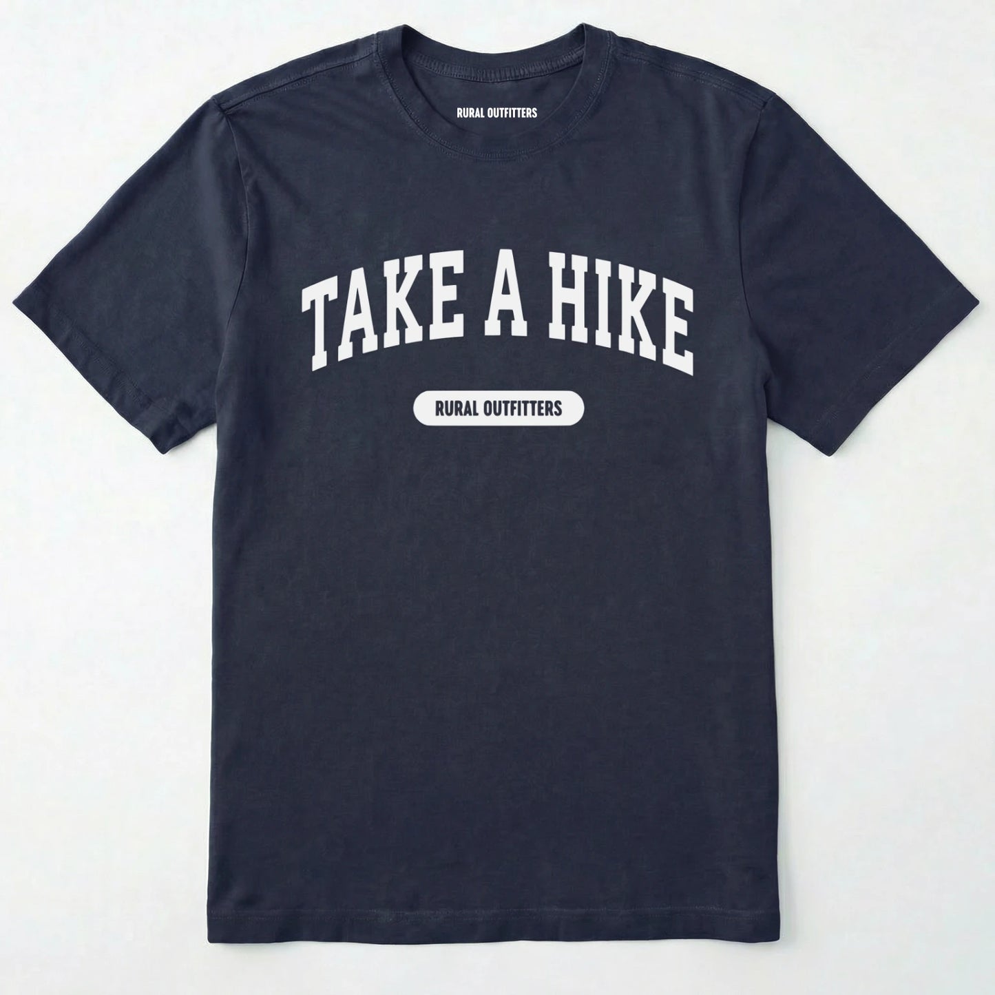 Navy take a hike t-shirt on a plain white background