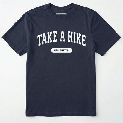 Navy take a hike t-shirt on a plain white background