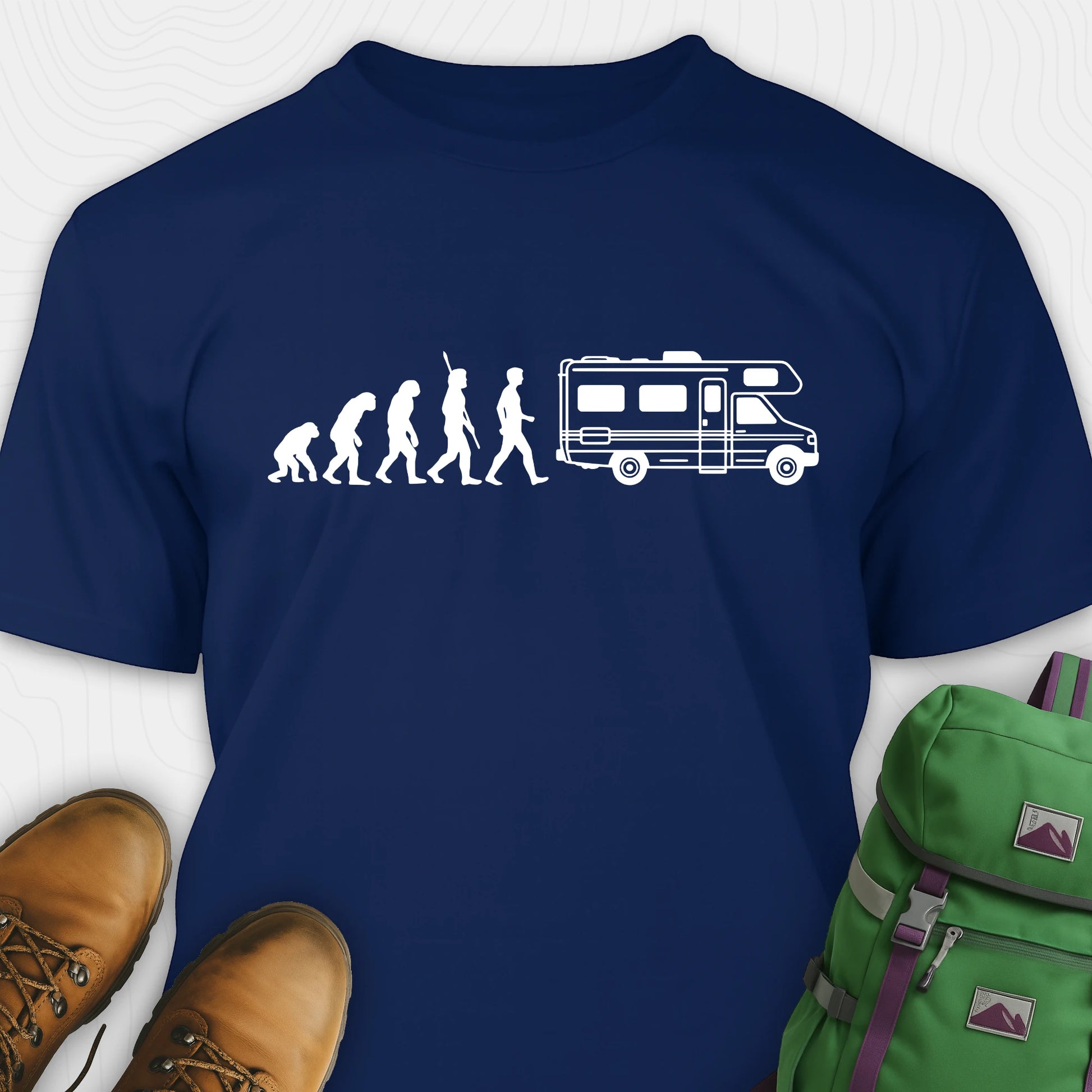 Navy evolution shirt featuring human to rv silhouette graphic