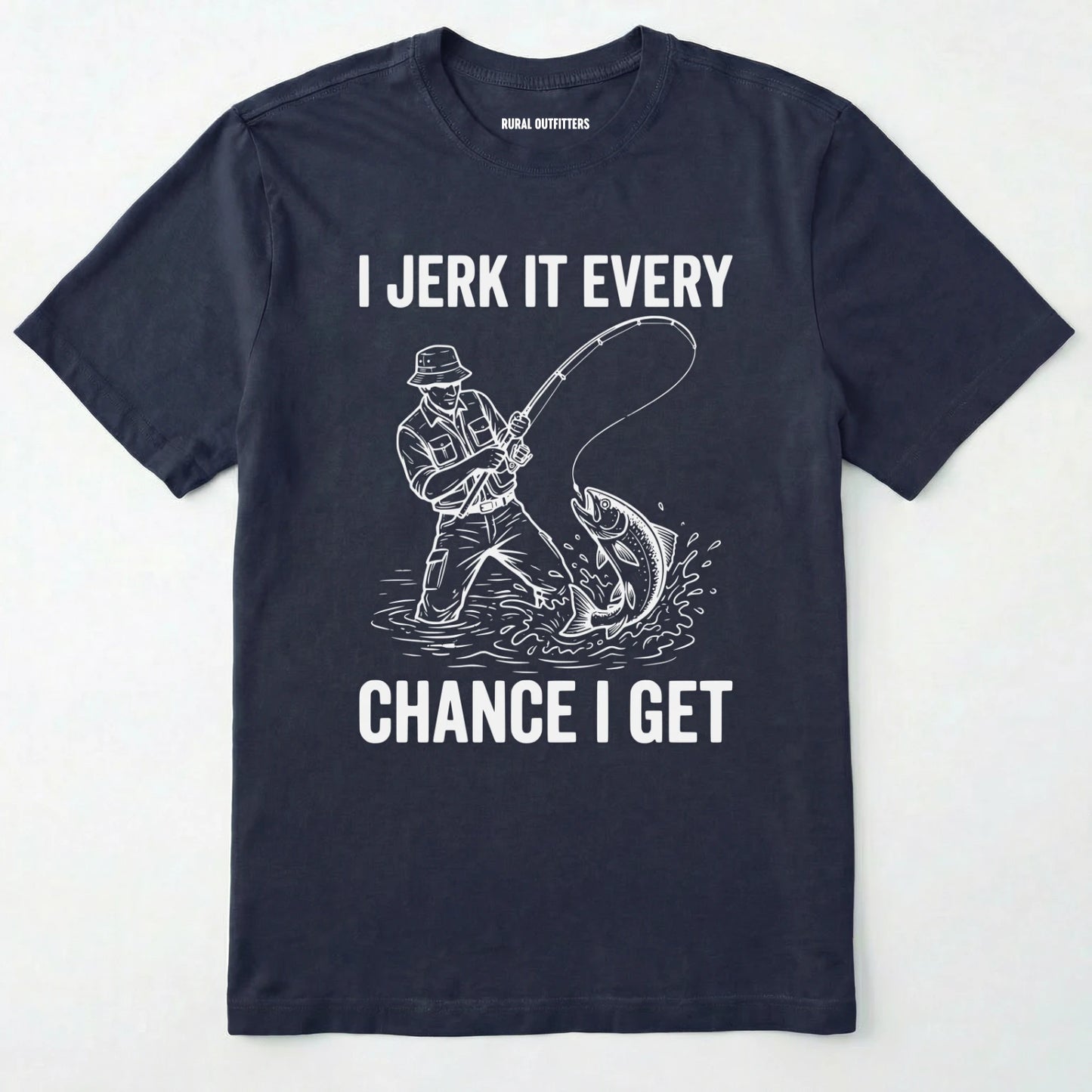 Navy t-shirt with white graphic and text on a white background