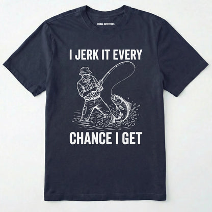 Navy t-shirt with white graphic and text on a white background