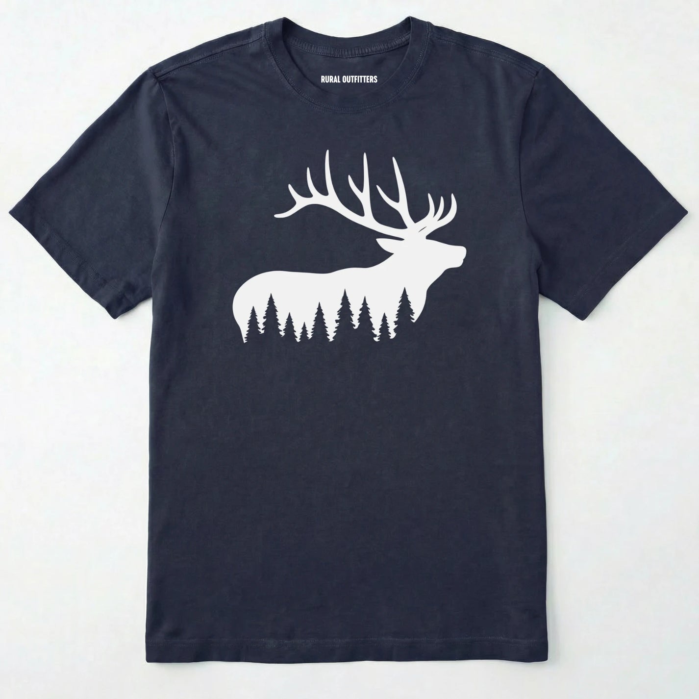 Navy elk shirt with white elk silhouette design on a white background.