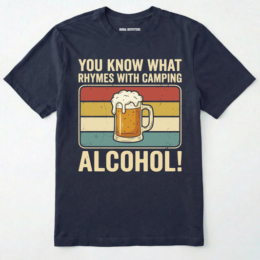 Navy You Know What Rhymes With Camping Alcohol beer t-shirt with a graphic and text on a white background