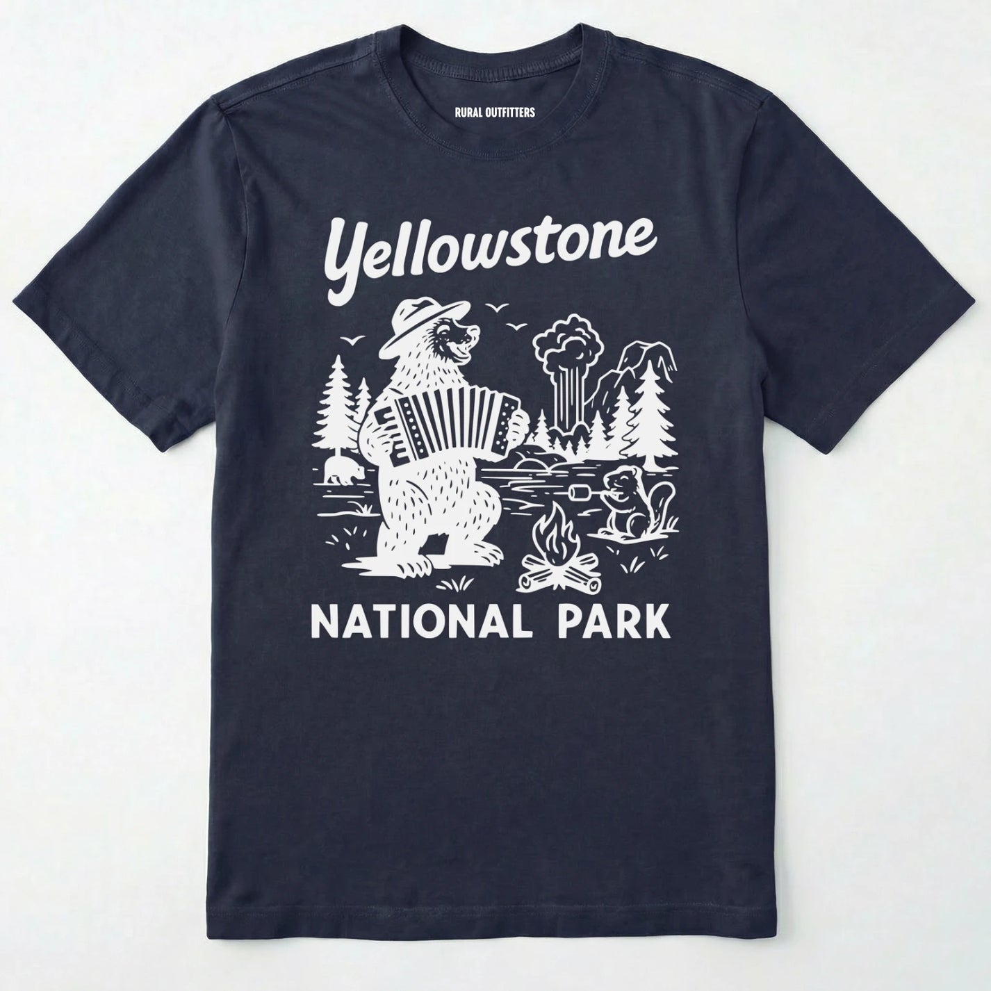 Navy yellowstone national park t-shirt with a brown bear playing an accordion graphic.