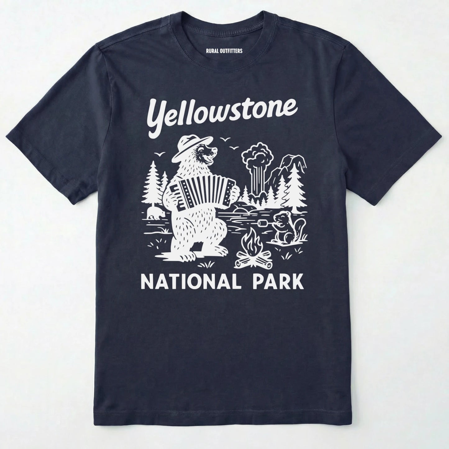 Navy yellowstone national park t-shirt with a brown bear playing an accordion graphic.