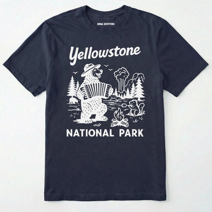 Navy yellowstone national park t-shirt with a brown bear playing an accordion graphic.