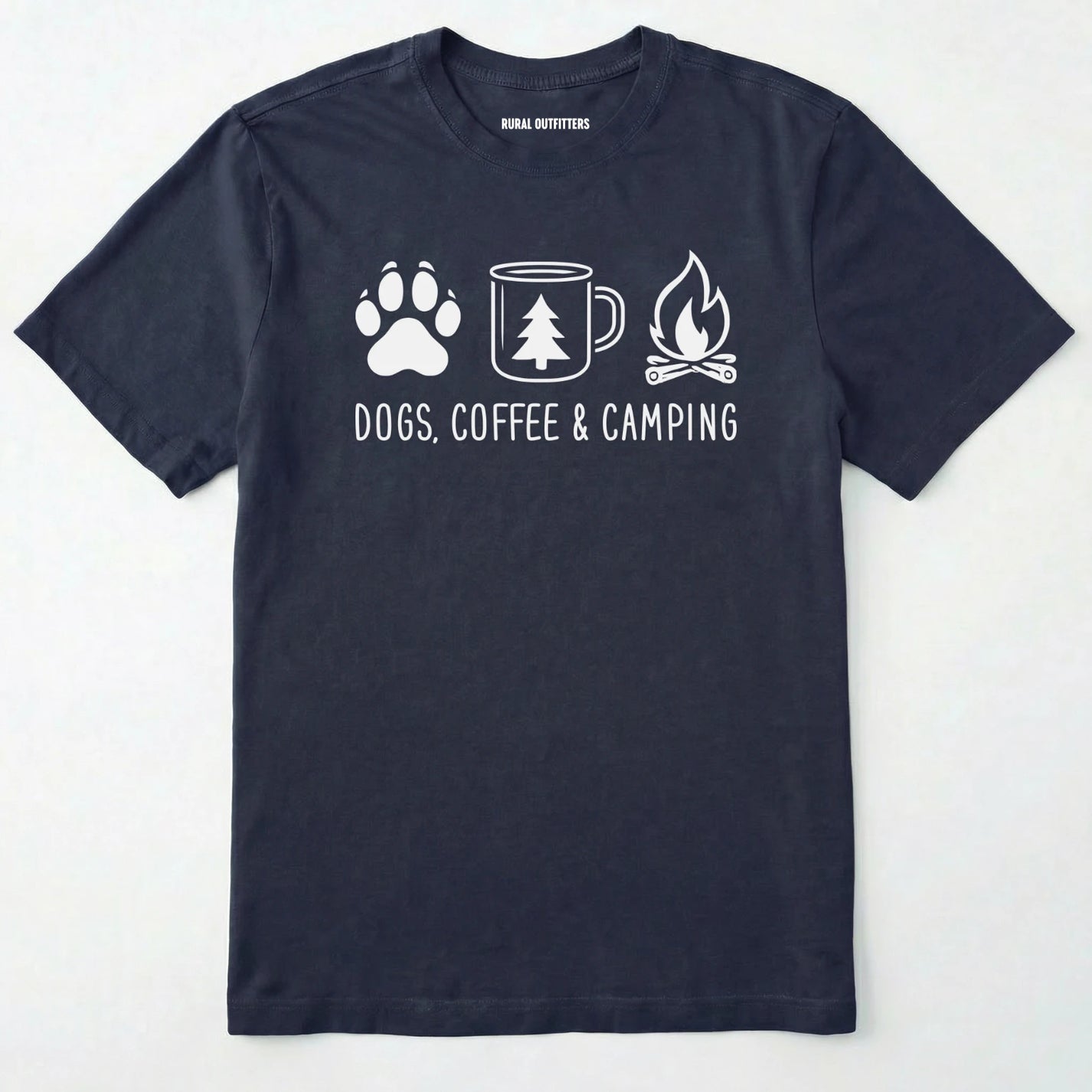 Navy camping dog shirt with paw print, coffee mug and campfire design on a white background.