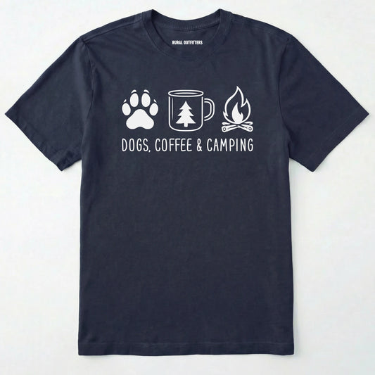 Navy camping dog shirt with paw print, coffee mug and campfire design on a white background.