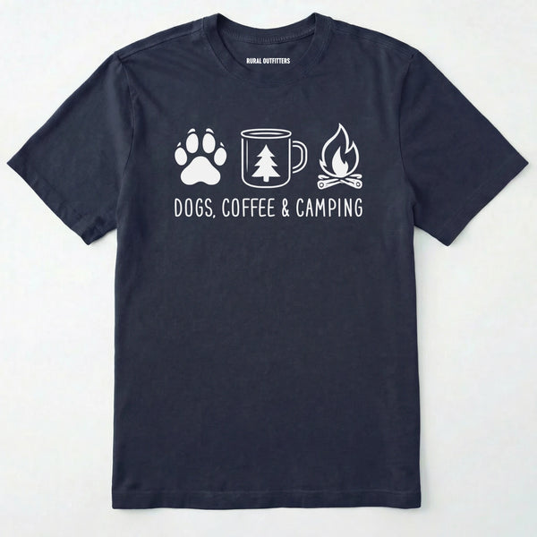 Navy camping dog shirt with paw print, coffee mug and campfire design on a white background.
