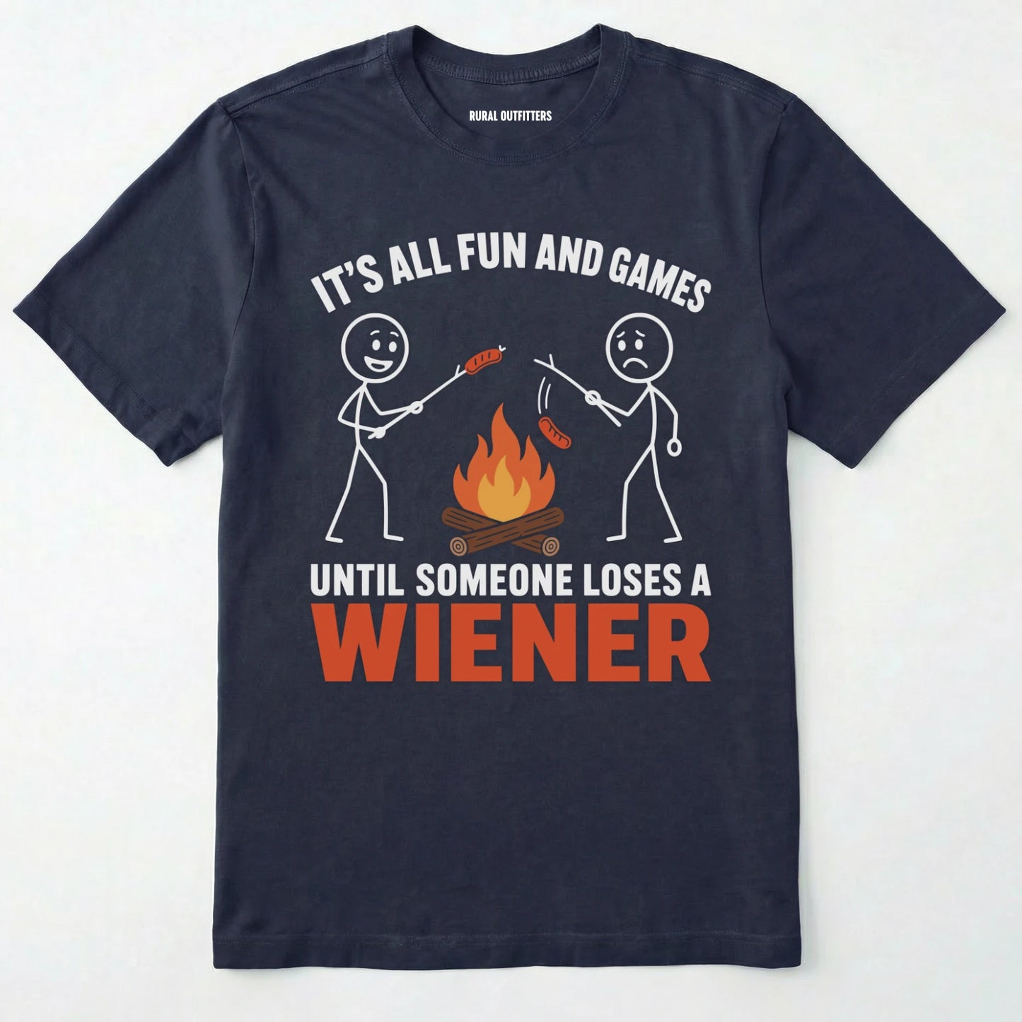 Navy funny wiener shirt with humorous campfire graphic and text on a white background