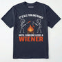Navy funny wiener shirt with humorous campfire graphic and text on a white background