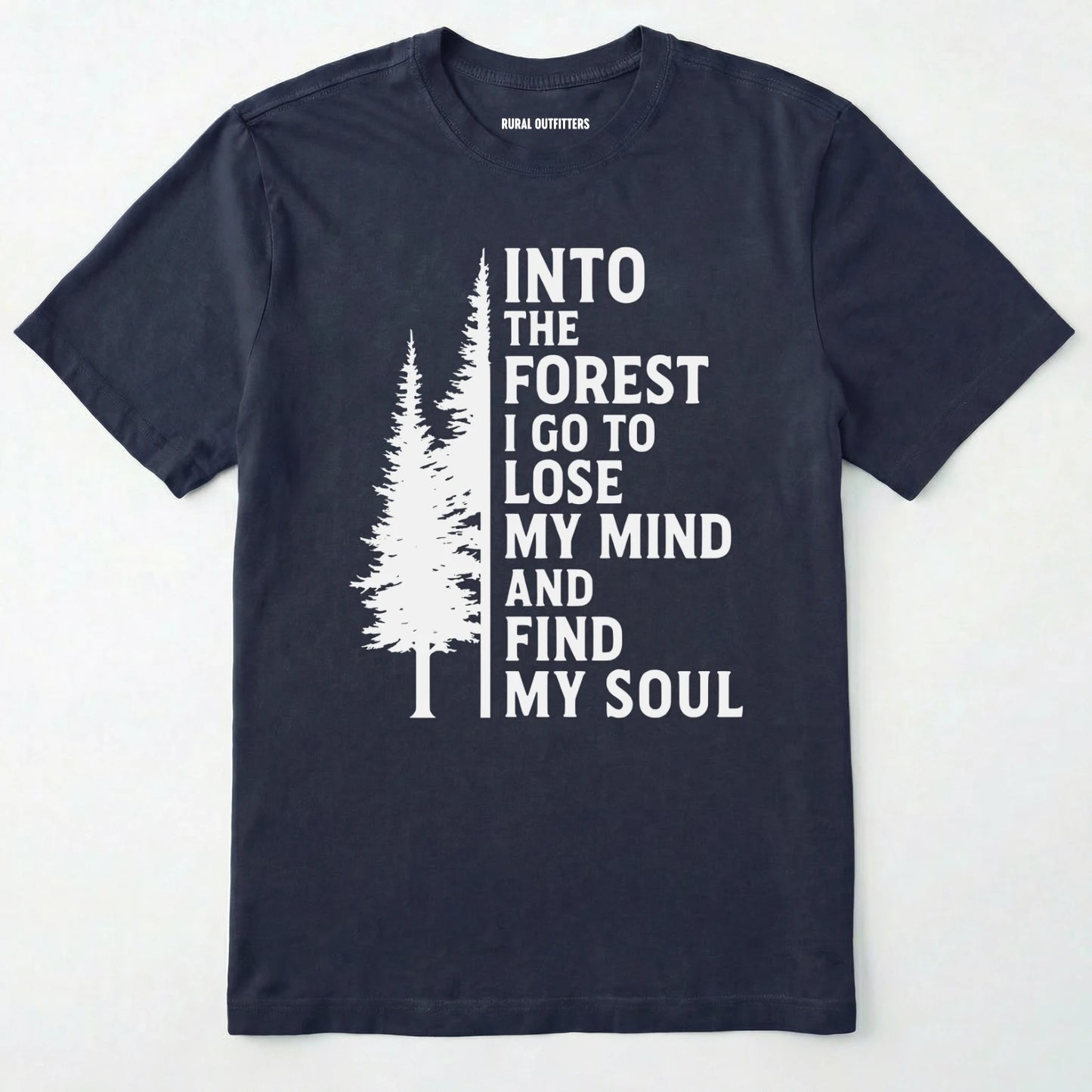Navy into the forest i go t-shirt with white forest graphic and tall trees design on a white background.
