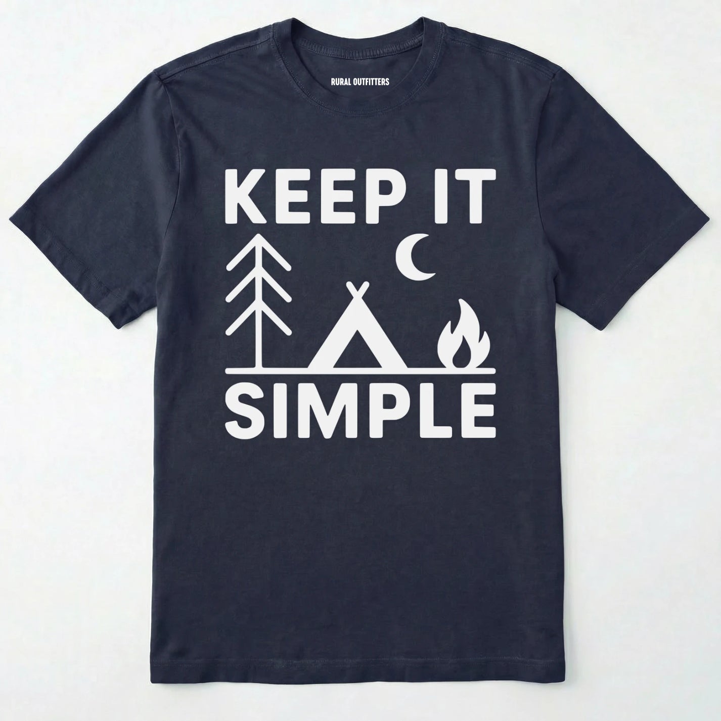 Navy keep it simple camping t-shirt with tent and campfire graphic on a white background