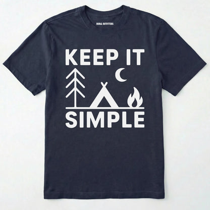 Navy keep it simple camping t-shirt with tent and campfire graphic on a white background