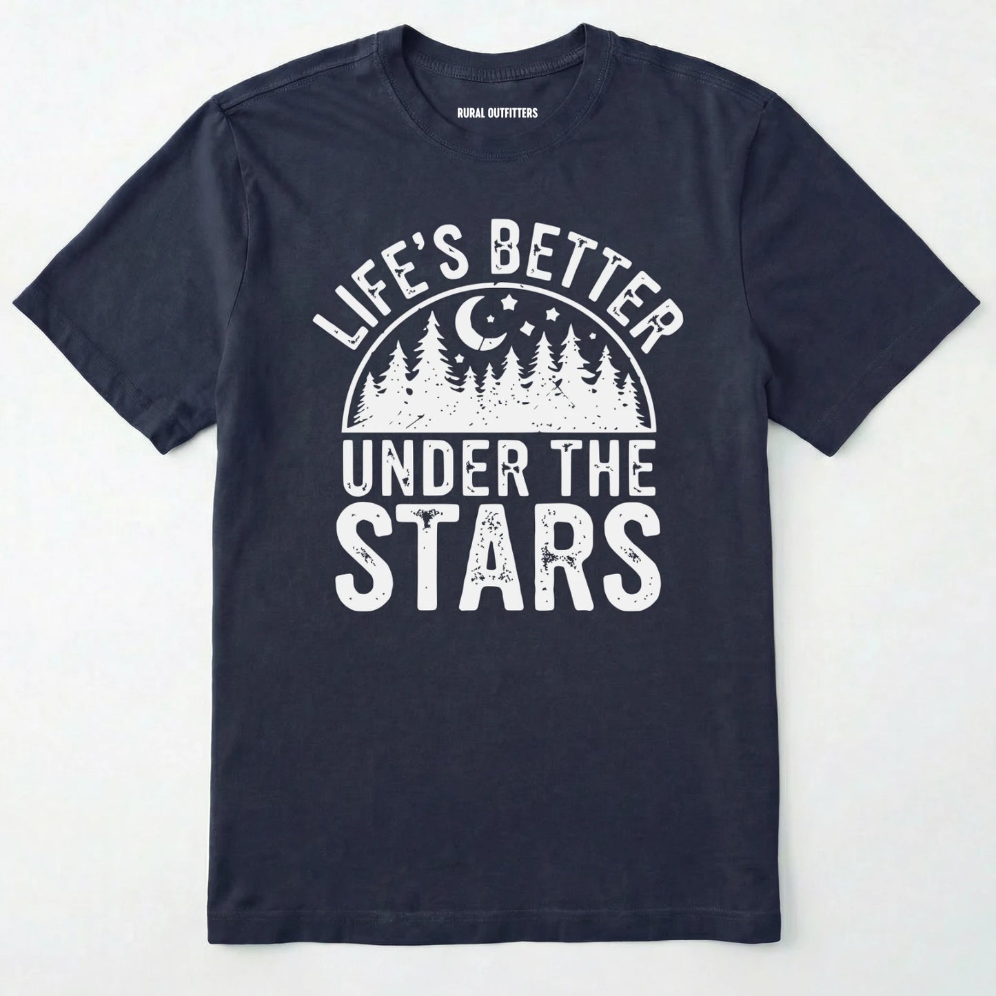 Navy life's better under the stars t-shirt with forest and moon graphic on a white background.