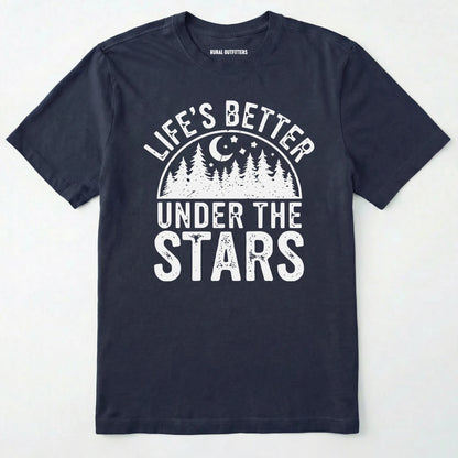Navy life's better under the stars t-shirt with forest and moon graphic on a white background.
