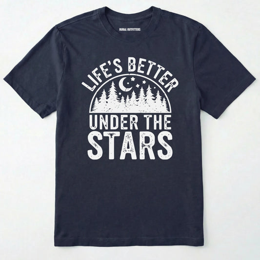 Navy life's better under the stars t-shirt with forest and moon graphic on a white background.
