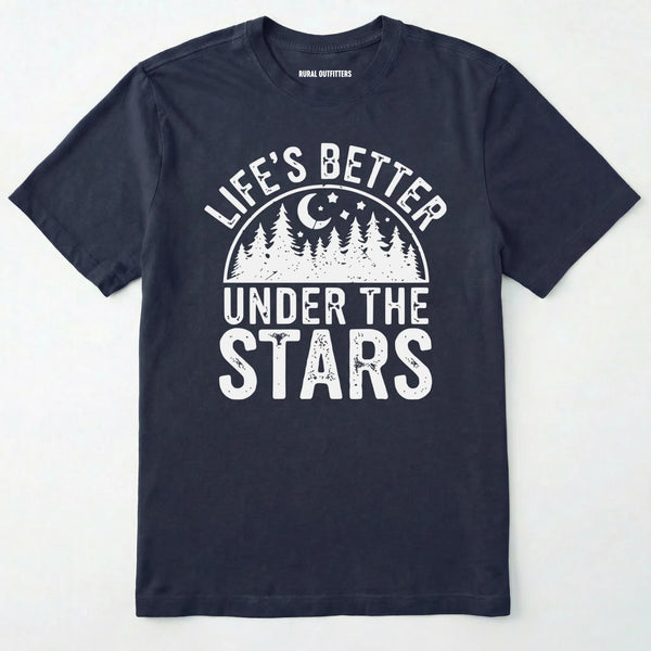 Navy life's better under the stars t-shirt with forest and moon graphic on a white background.