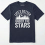 Navy life's better under the stars t-shirt with forest and moon graphic on a white background.