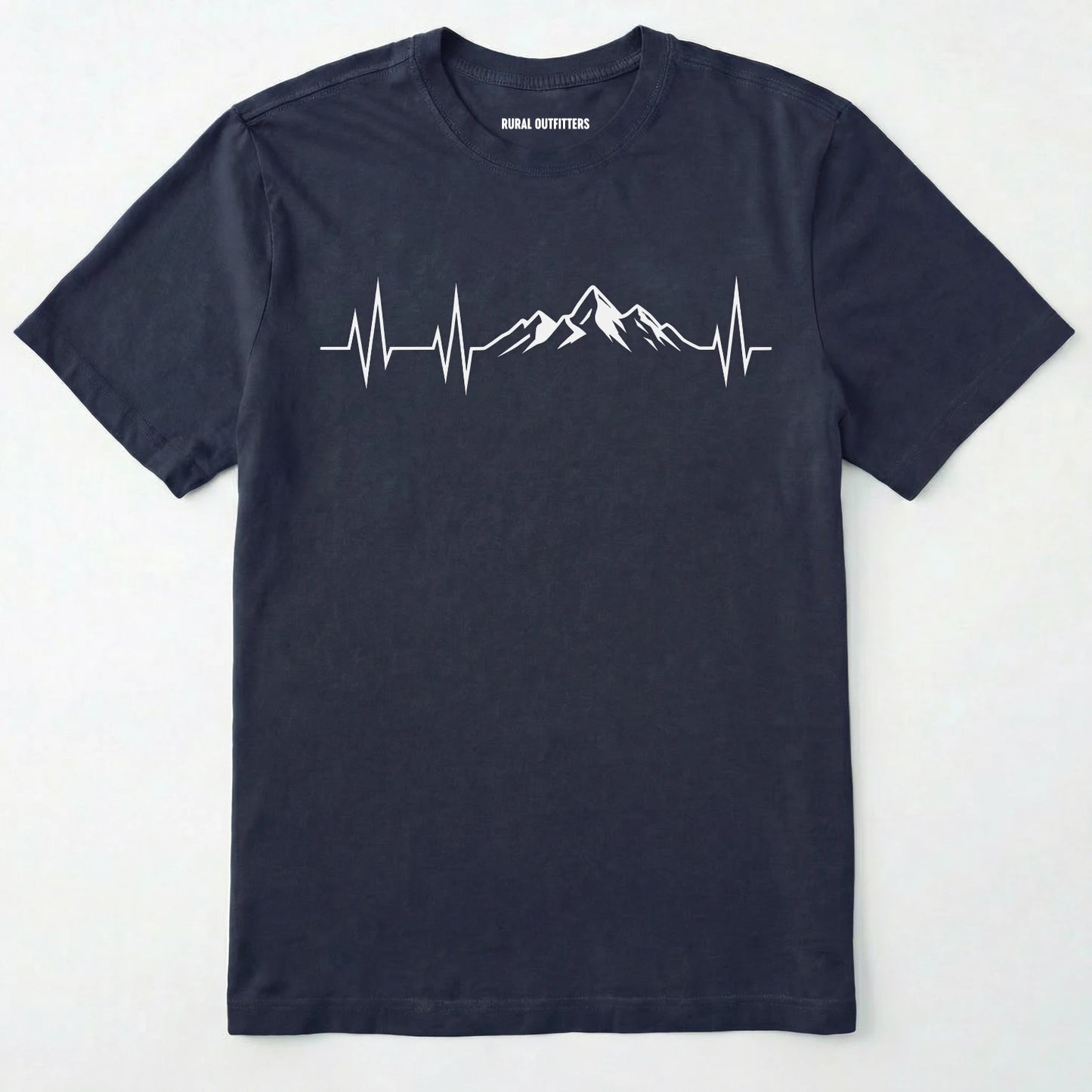 Navy mountain heartbeat t-shirt featuring heartbeat and mountain peaks on a white background.