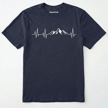 Navy mountain heartbeat t-shirt featuring heartbeat and mountain peaks on a white background.