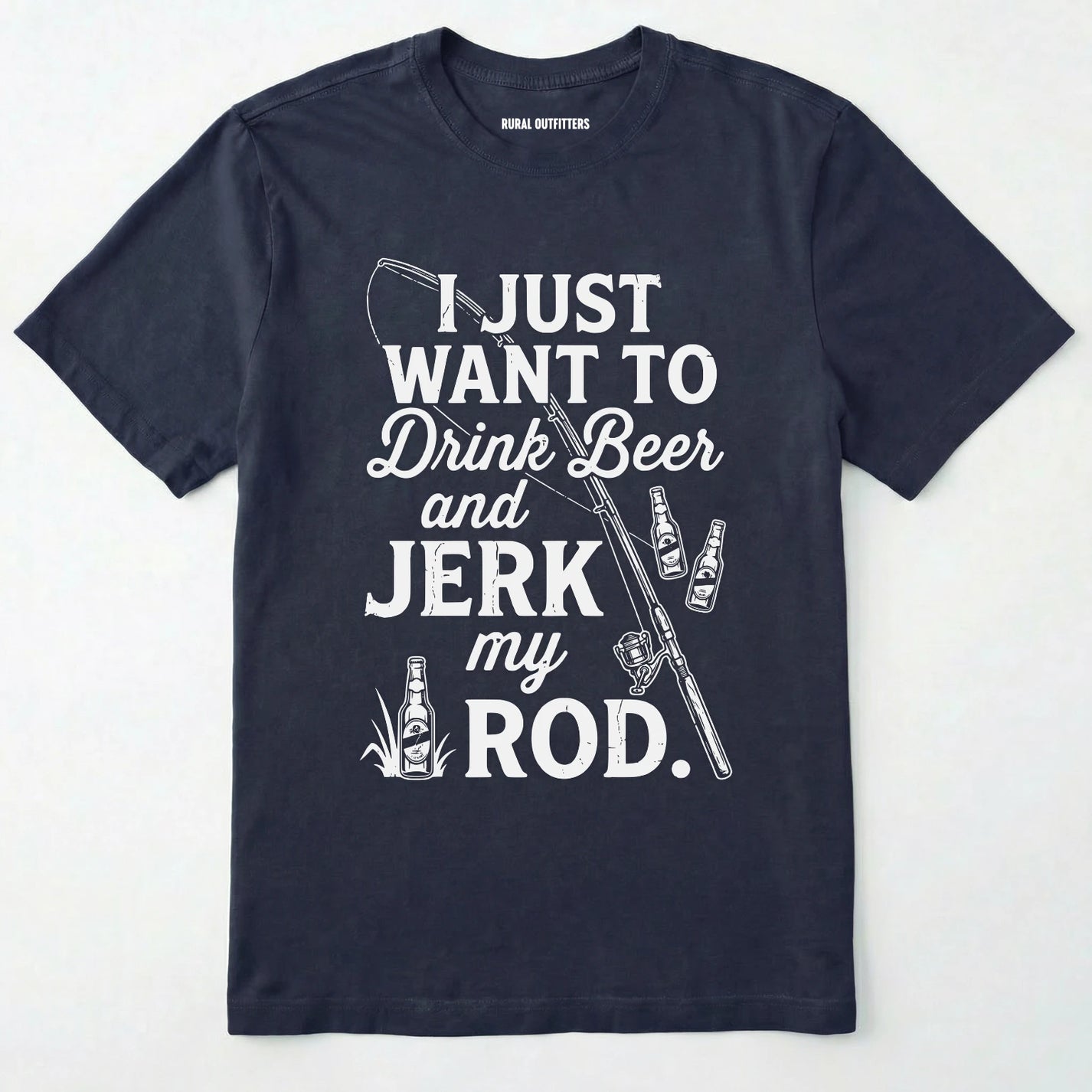 Navy t-shirt with white text and graphics on a white background