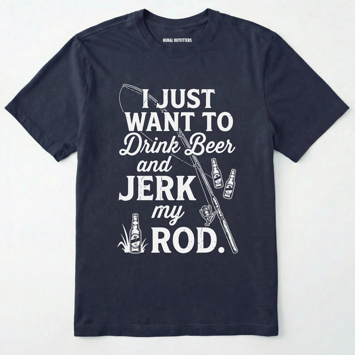 Navy t-shirt with white text and graphics on a white background