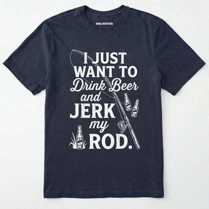 Navy t-shirt with white text and graphics on a white background
