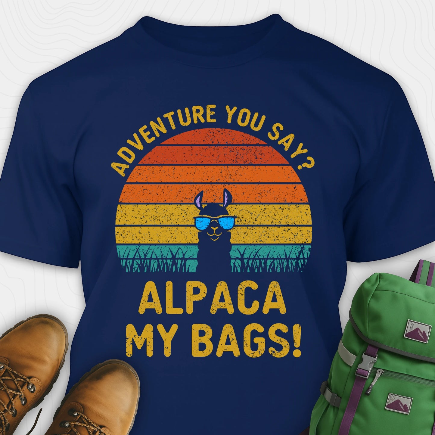 Navy alpaca my bags shirt with retro sunset and llama graphic