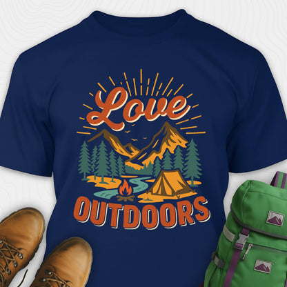 Navy campground t-shirt with retro camping scene and tent design featuring "love outdoors" text