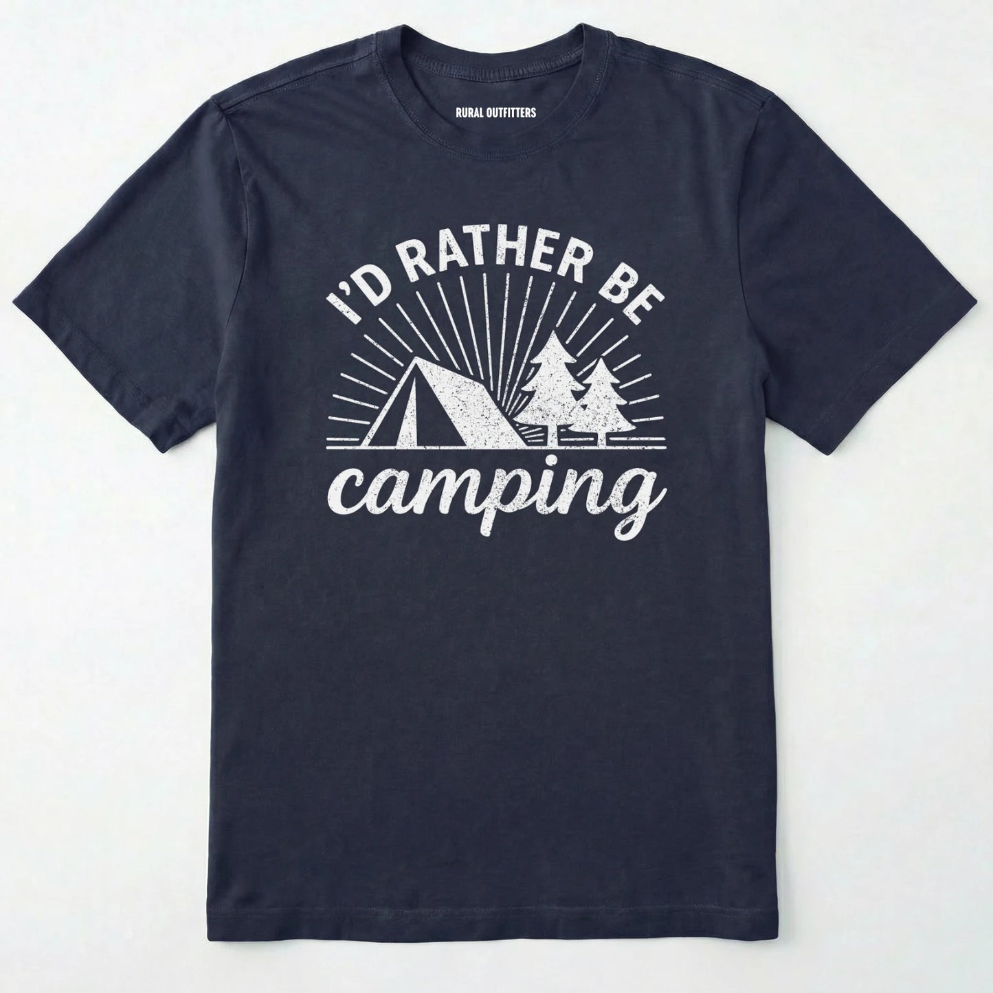Navy camping shirt with 'i'd rather be camping' with tent and trees graphic on a white background.